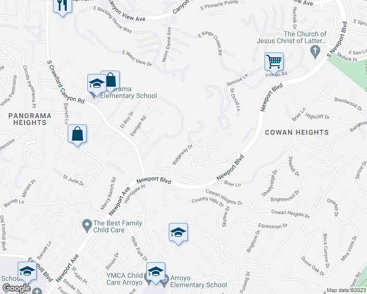 map of restaurants, bars, coffee shops, grocery stores, and more near 10531 Ridgeway Drive in Santa Ana