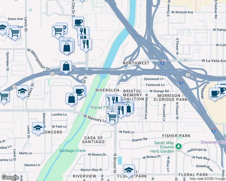 map of restaurants, bars, coffee shops, grocery stores, and more near 2869 Augusta Way in Santa Ana