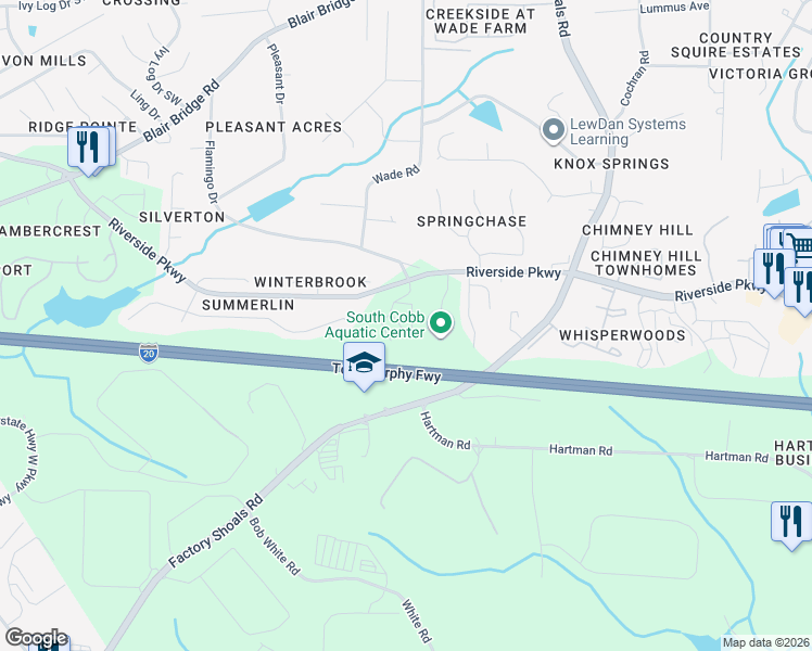 map of restaurants, bars, coffee shops, grocery stores, and more near 950 Pine Oak Trail in Austell