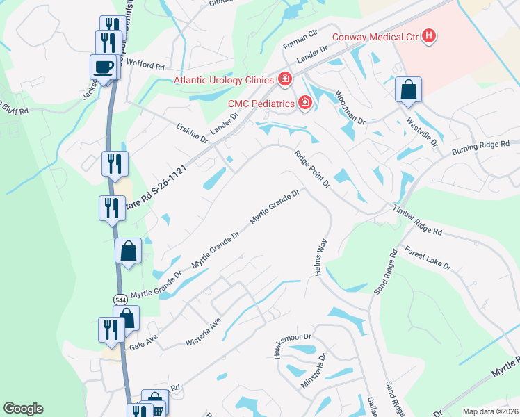 map of restaurants, bars, coffee shops, grocery stores, and more near 253 Myrtle Grande Drive in Conway
