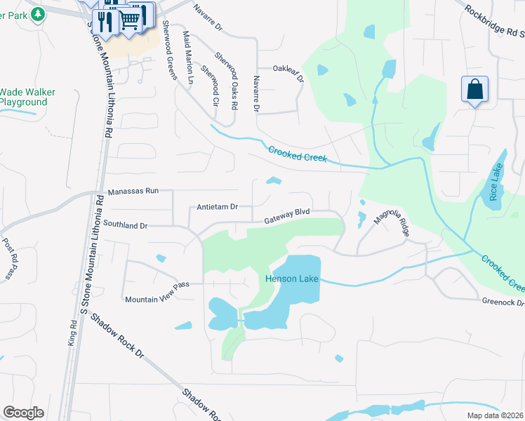 map of restaurants, bars, coffee shops, grocery stores, and more near 550 Antietam Drive in Stone Mountain