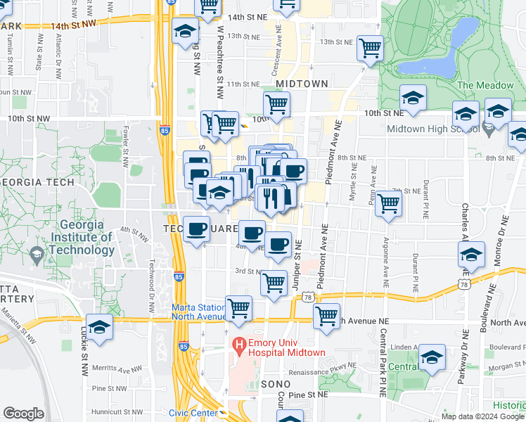 map of restaurants, bars, coffee shops, grocery stores, and more near 70 6th Street Northeast in Atlanta