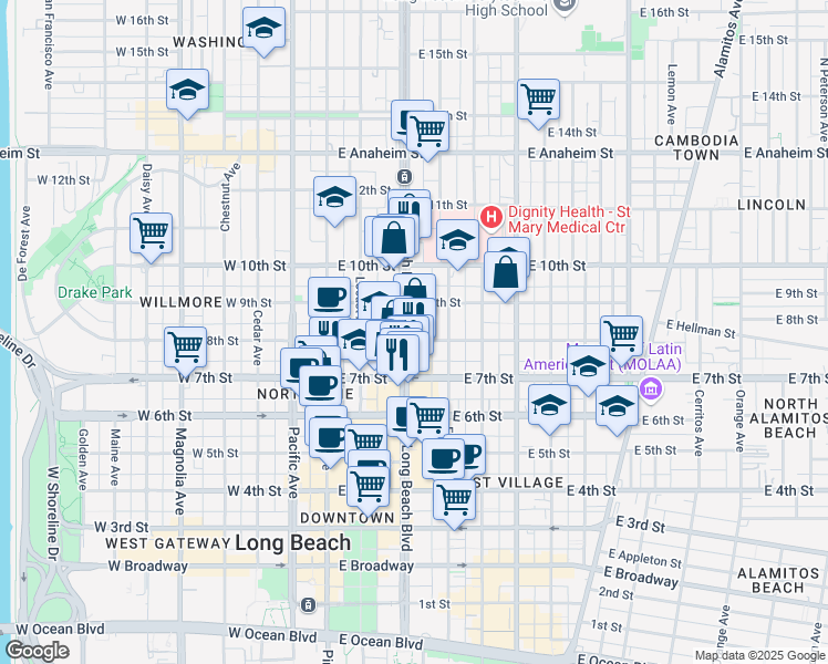 map of restaurants, bars, coffee shops, grocery stores, and more near 810 Long Beach Boulevard in Long Beach