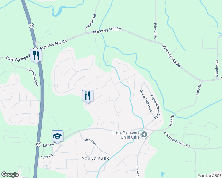 map of restaurants, bars, coffee shops, grocery stores, and more near 7351 Earls Court in Douglasville