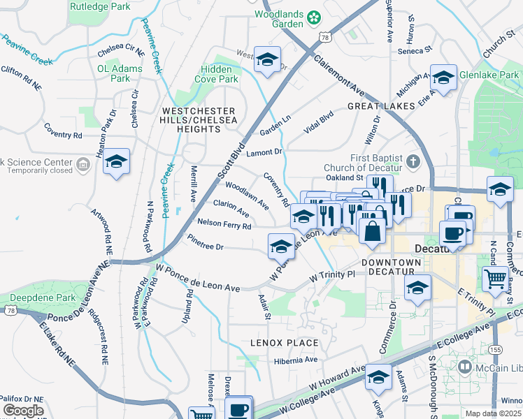 map of restaurants, bars, coffee shops, grocery stores, and more near 134 Woodlawn Avenue in Decatur