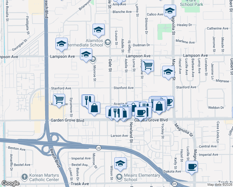 map of restaurants, bars, coffee shops, grocery stores, and more near 12781 Louise Street in Garden Grove