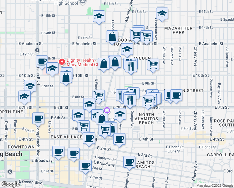map of restaurants, bars, coffee shops, grocery stores, and more near 1050 East Hellman Street in Long Beach
