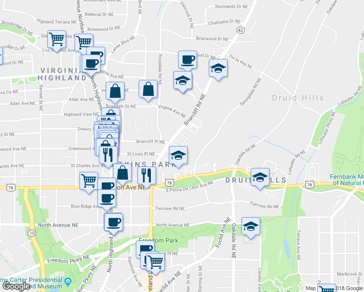 map of restaurants, bars, coffee shops, grocery stores, and more near 1245 Lullwater Park Circle in Atlanta