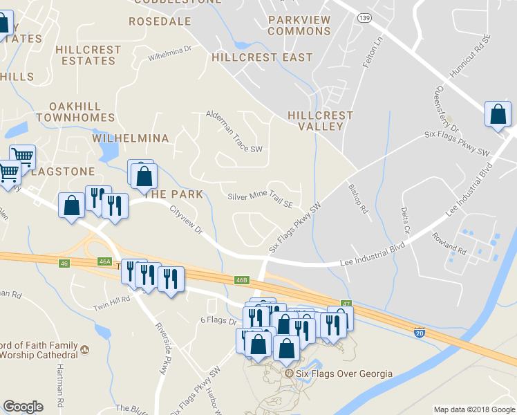 map of restaurants, bars, coffee shops, grocery stores, and more near 142 Silver Arrow Circle Southeast in Austell