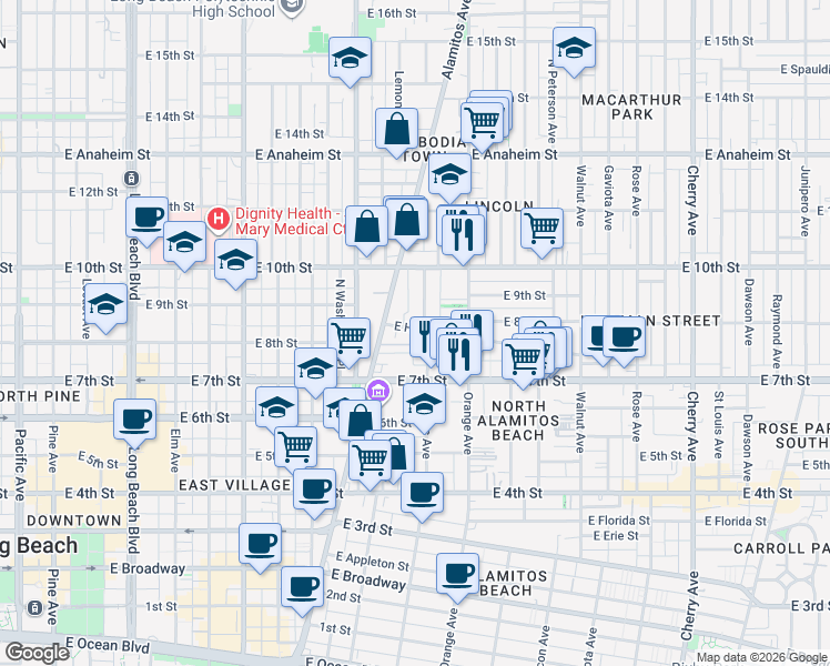 map of restaurants, bars, coffee shops, grocery stores, and more near 1012 East Hellman Street in Long Beach