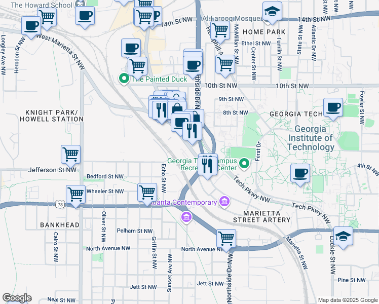 map of restaurants, bars, coffee shops, grocery stores, and more near 950 Marietta Street in Atlanta