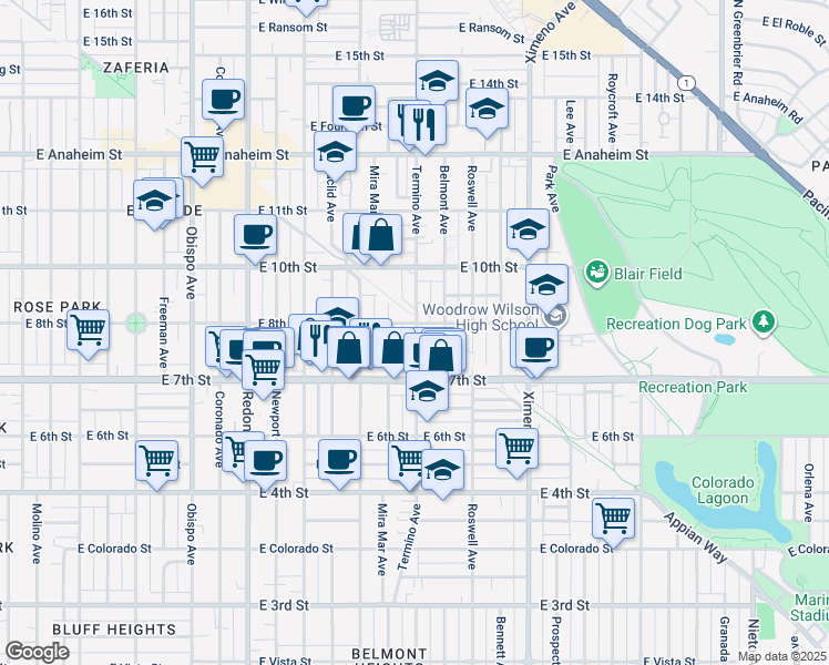map of restaurants, bars, coffee shops, grocery stores, and more near 775 Termino Avenue in Long Beach