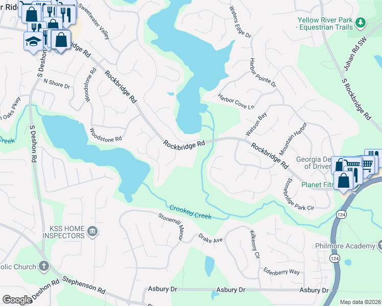 map of restaurants, bars, coffee shops, grocery stores, and more near 7623 Rockbridge Road Southwest in Lithonia