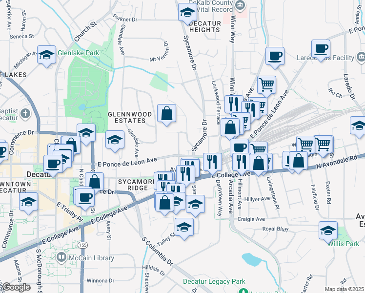 map of restaurants, bars, coffee shops, grocery stores, and more near 104 Hillcrest Avenue in Decatur
