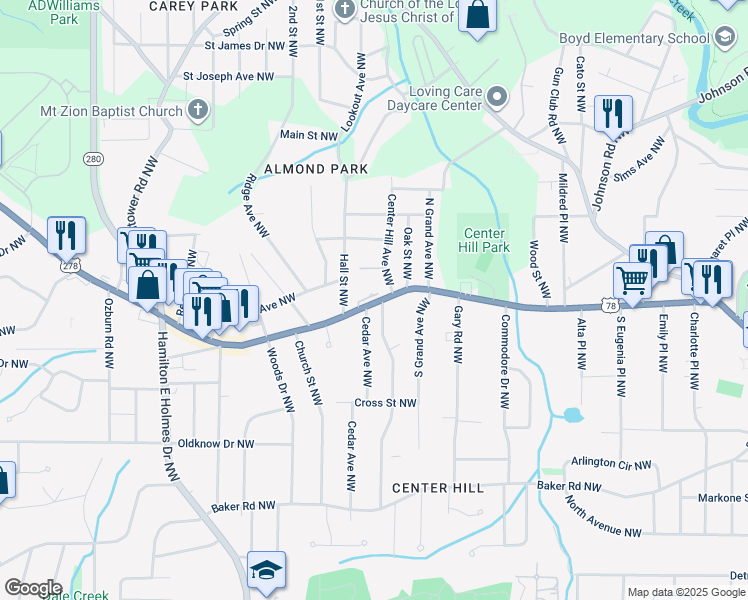 map of restaurants, bars, coffee shops, grocery stores, and more near 2451 U.S. 78 in Atlanta
