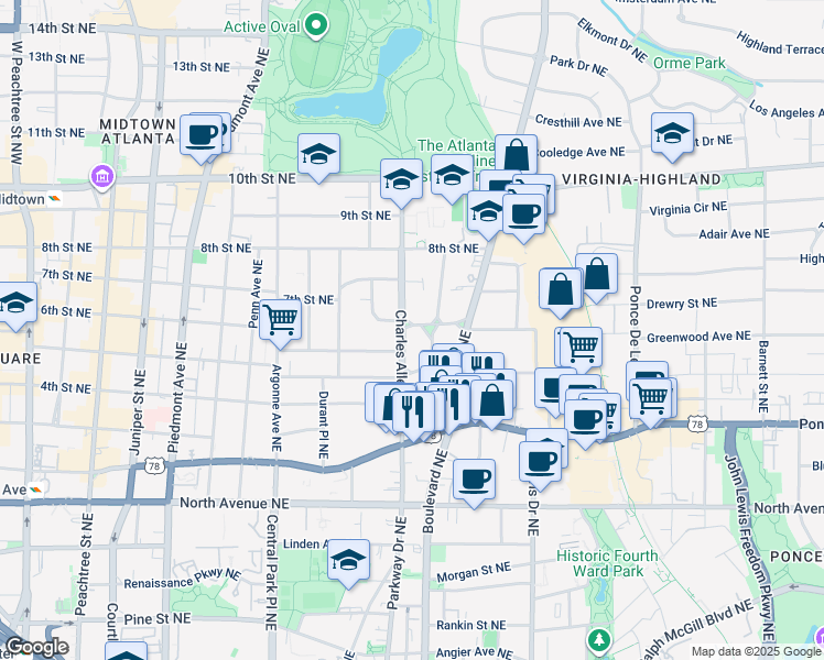 map of restaurants, bars, coffee shops, grocery stores, and more near 453 Greenwood Avenue Northeast in Atlanta