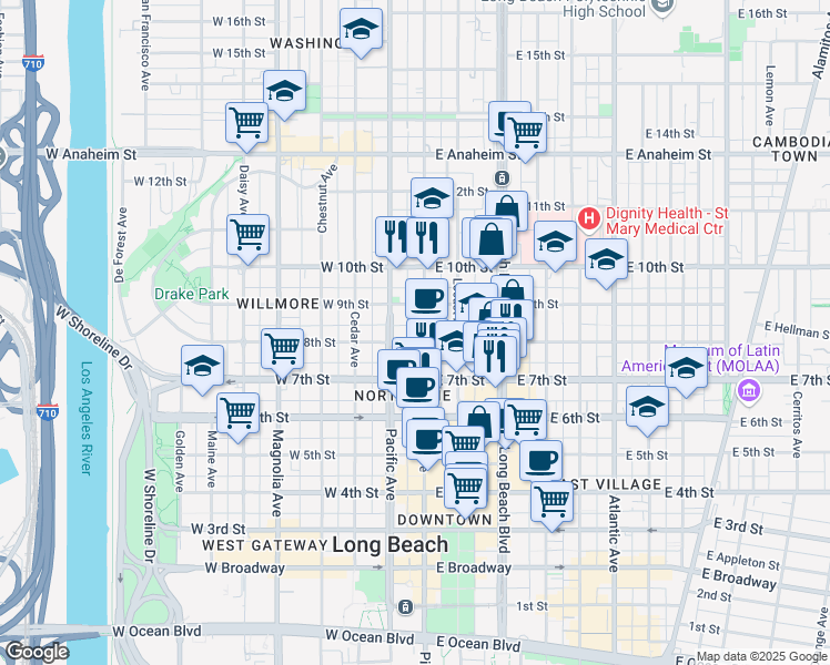 map of restaurants, bars, coffee shops, grocery stores, and more near 801 Pine Avenue in Long Beach