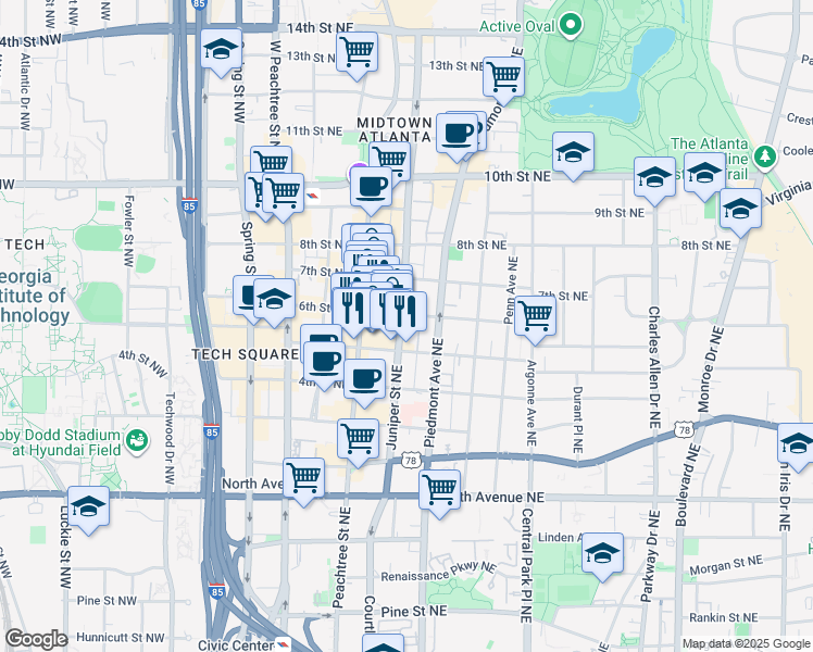 map of restaurants, bars, coffee shops, grocery stores, and more near 819 Juniper Street Northeast in Atlanta