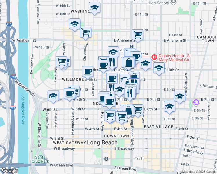 map of restaurants, bars, coffee shops, grocery stores, and more near 801 Pine Avenue in Long Beach
