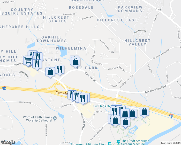 map of restaurants, bars, coffee shops, grocery stores, and more near 67 Golden Pine Road Southwest in Austell