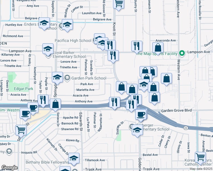 map of restaurants, bars, coffee shops, grocery stores, and more near 12762 Wild Goose Street in Garden Grove