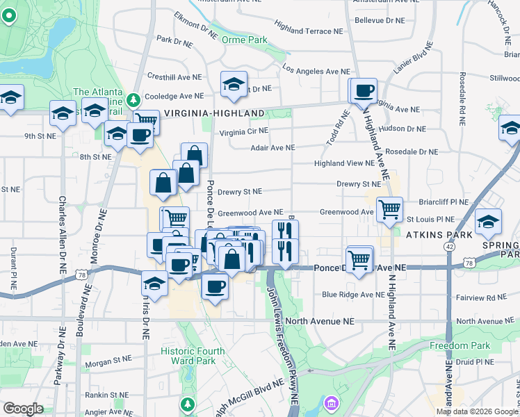 map of restaurants, bars, coffee shops, grocery stores, and more near 808 Greenwood Avenue Northeast in Atlanta