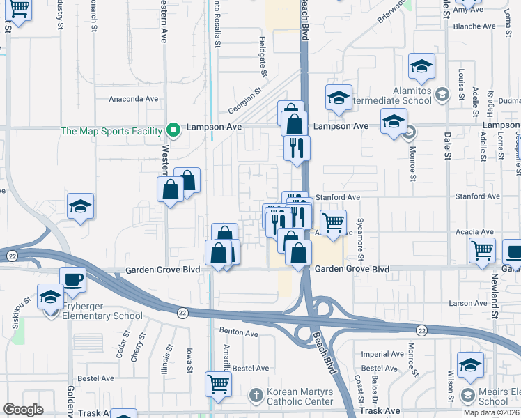 map of restaurants, bars, coffee shops, grocery stores, and more near in Stanton