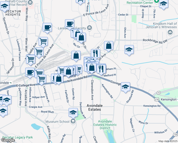 map of restaurants, bars, coffee shops, grocery stores, and more near 119 Center Street in Avondale Estates