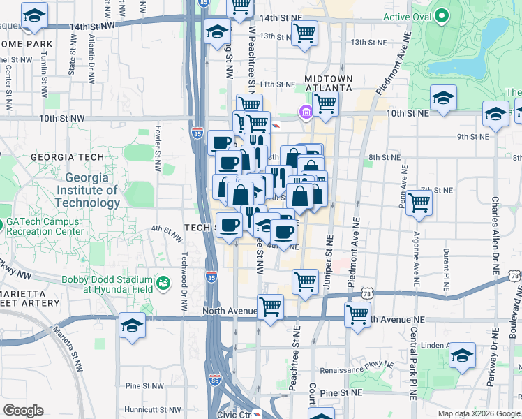 map of restaurants, bars, coffee shops, grocery stores, and more near 817 West Peachtree Street Northeast in Atlanta