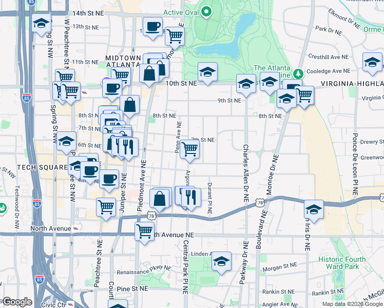 map of restaurants, bars, coffee shops, grocery stores, and more near 817 Argonne Avenue Northeast in Atlanta