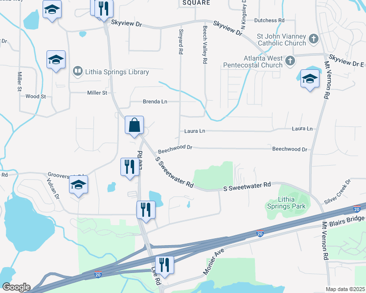 map of restaurants, bars, coffee shops, grocery stores, and more near 2480 Rock House Road in Lithia Springs