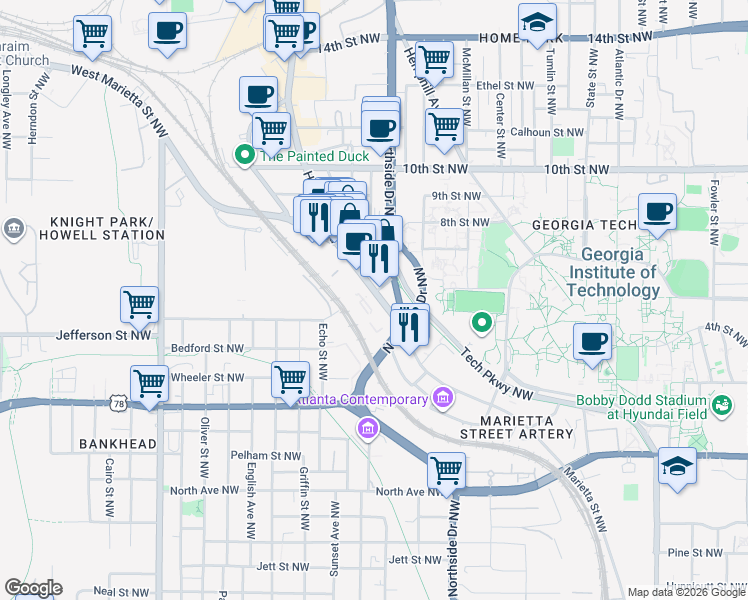 map of restaurants, bars, coffee shops, grocery stores, and more near 950 Marietta Street in Atlanta