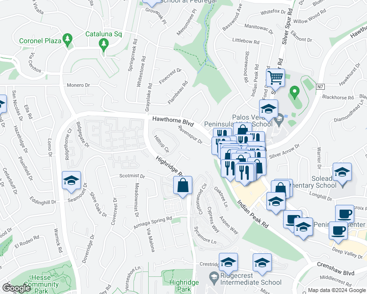 map of restaurants, bars, coffee shops, grocery stores, and more near 99 Hilltop Circle in Rancho Palos Verdes
