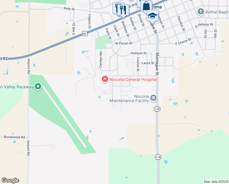 map of restaurants, bars, coffee shops, grocery stores, and more near 201 Park Road in Nocona