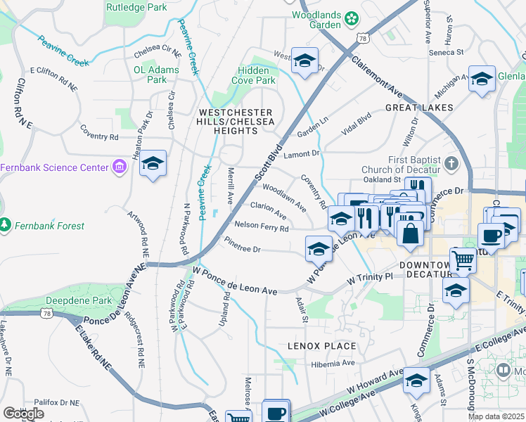 map of restaurants, bars, coffee shops, grocery stores, and more near 218 Clarion Avenue in Decatur