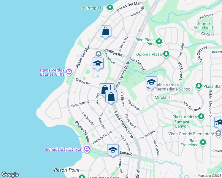 map of restaurants, bars, coffee shops, grocery stores, and more near 2121 Palos Verdes Drive West in Palos Verdes Estates