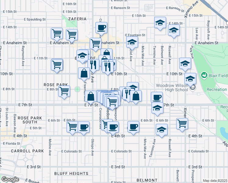 map of restaurants, bars, coffee shops, grocery stores, and more near 790 Redondo Avenue in Long Beach