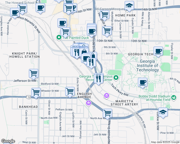 map of restaurants, bars, coffee shops, grocery stores, and more near 950 Marietta Street in Atlanta
