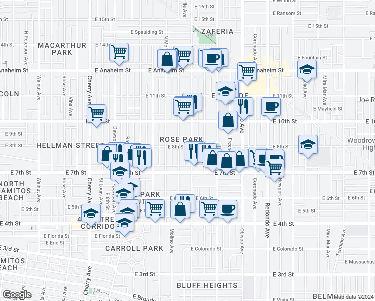 map of restaurants, bars, coffee shops, grocery stores, and more near 785 Temple Avenue in Long Beach