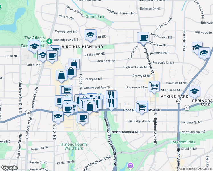 map of restaurants, bars, coffee shops, grocery stores, and more near 836 Greenwood Avenue Northeast in Atlanta