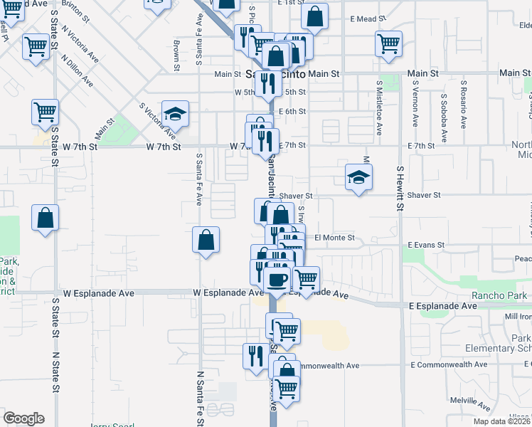 map of restaurants, bars, coffee shops, grocery stores, and more near 1038 South San Jacinto Avenue in San Jacinto