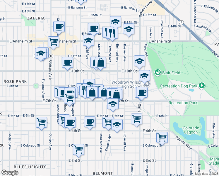 map of restaurants, bars, coffee shops, grocery stores, and more near 775 Termino Avenue in Long Beach