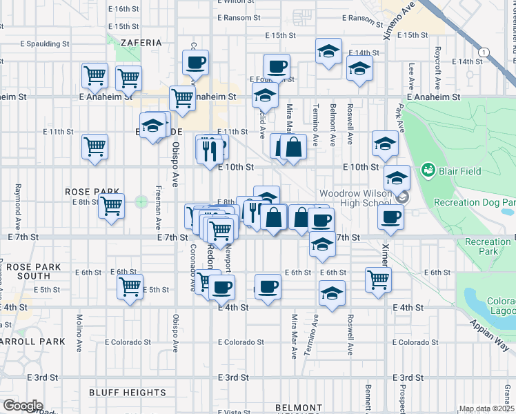 map of restaurants, bars, coffee shops, grocery stores, and more near 785 Euclid Avenue in Long Beach