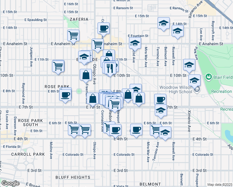 map of restaurants, bars, coffee shops, grocery stores, and more near 790 Redondo Avenue in Long Beach