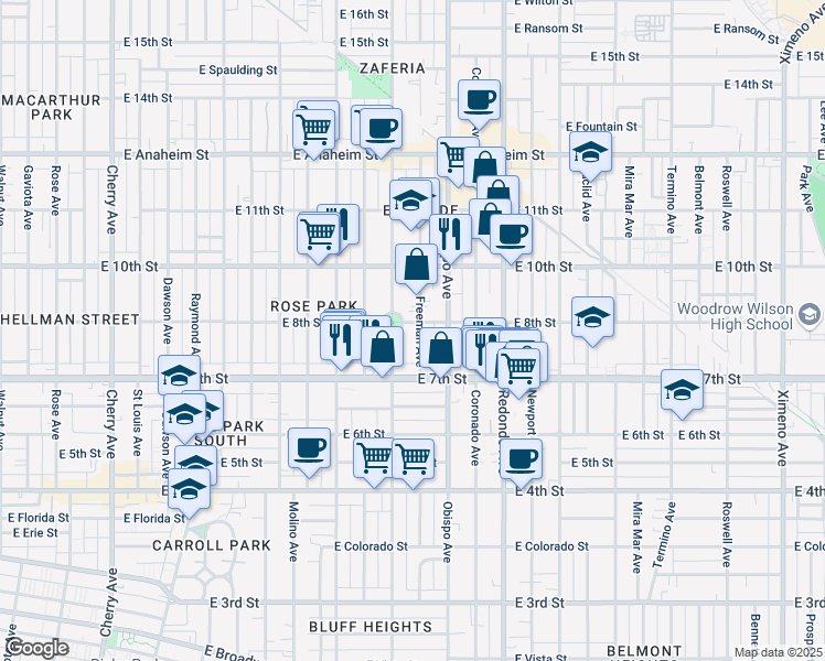 map of restaurants, bars, coffee shops, grocery stores, and more near 790 Orizaba Avenue in Long Beach
