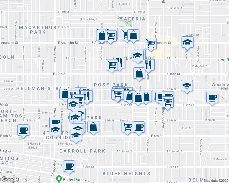 map of restaurants, bars, coffee shops, grocery stores, and more near 2720 East 8th Street in Long Beach