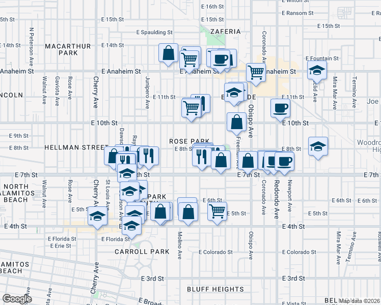 map of restaurants, bars, coffee shops, grocery stores, and more near 2720 East 8th Street in Long Beach