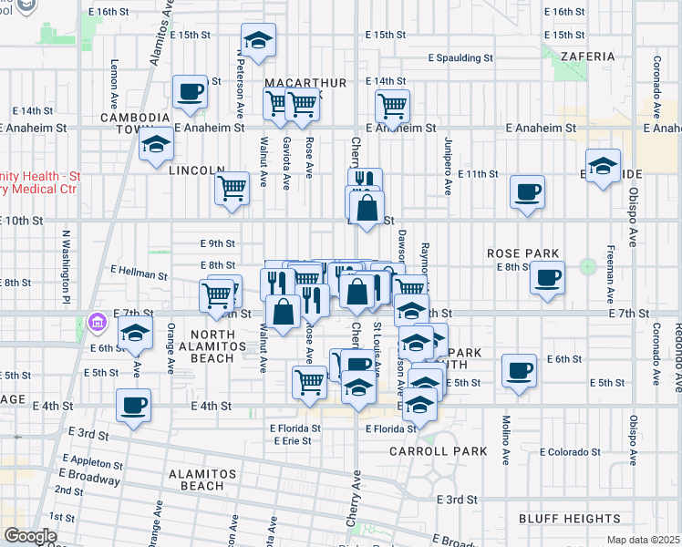 map of restaurants, bars, coffee shops, grocery stores, and more near 790 Gardenia Avenue in Long Beach