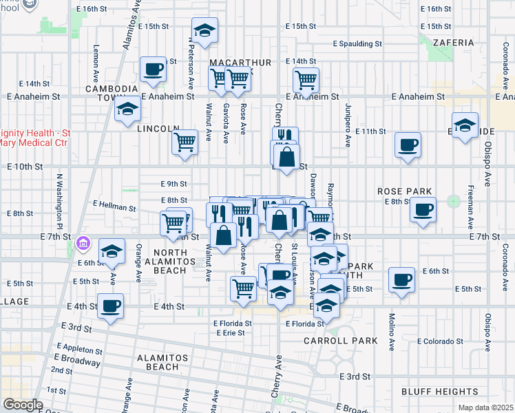 map of restaurants, bars, coffee shops, grocery stores, and more near 790 Gardenia Avenue in Long Beach