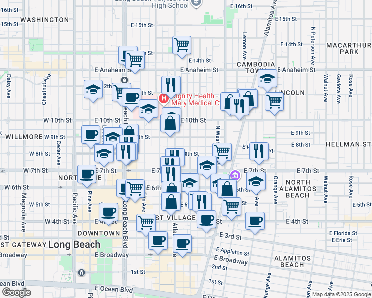 map of restaurants, bars, coffee shops, grocery stores, and more near 820 Lime Avenue in Long Beach